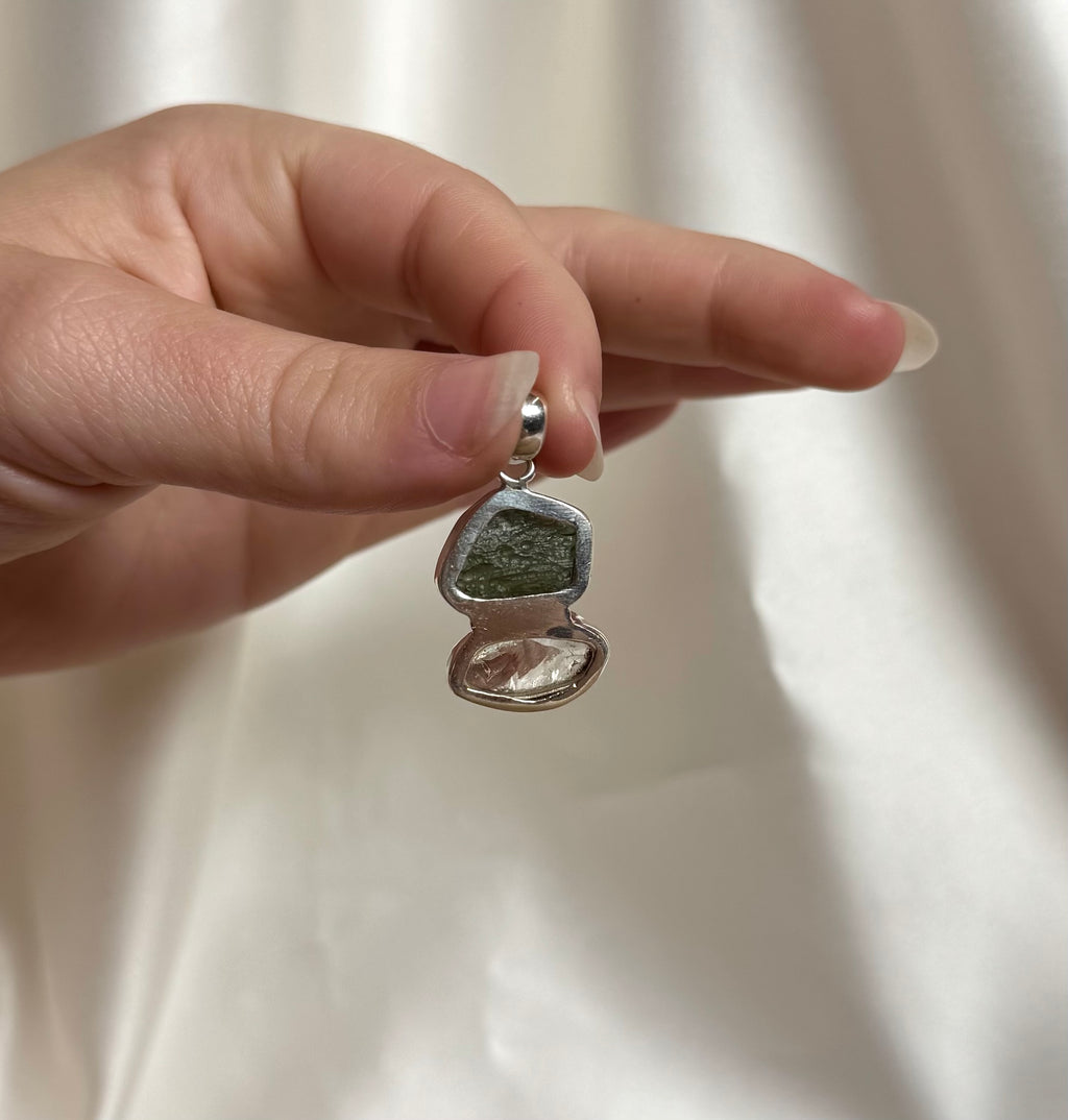 Moldaviet en Herkimer Diamant Hanger 925 Zilver A1