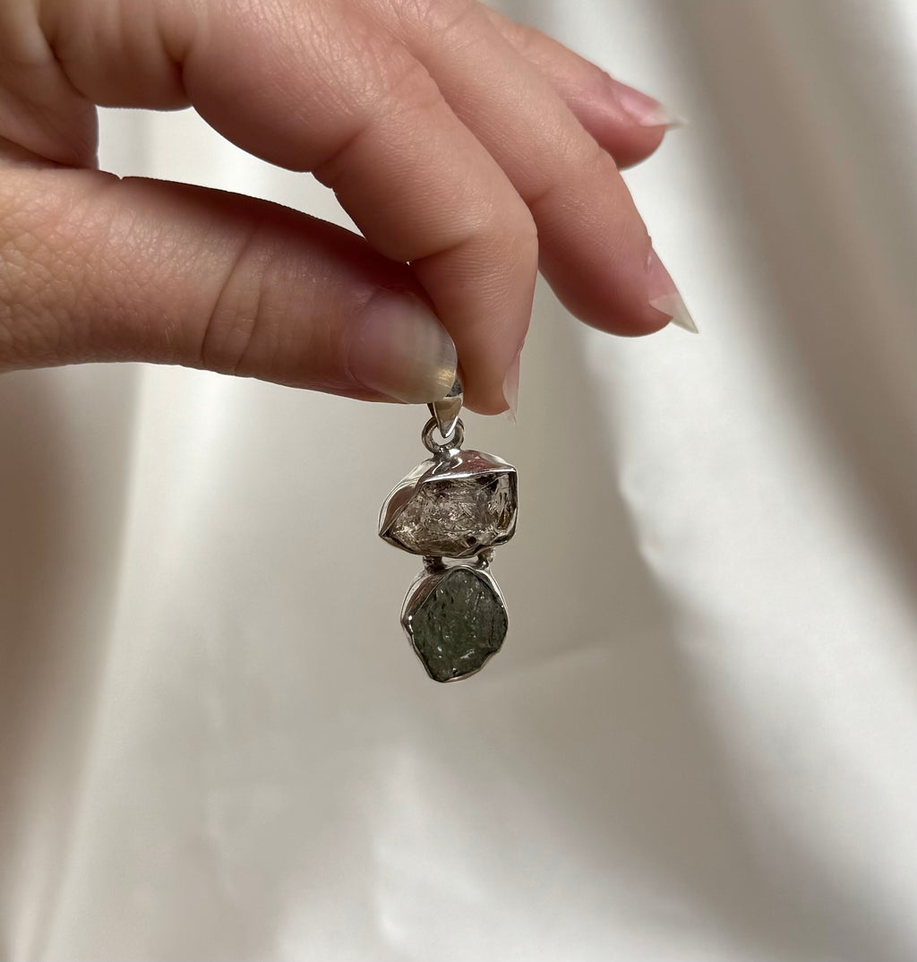 Moldaviet en Herkimer Diamant Hanger 925 Zilver A3