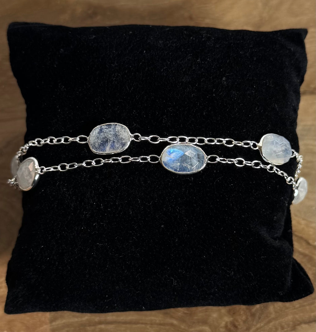 Dubbele Regenboog Maansteen Facet Armband 925 Zilver