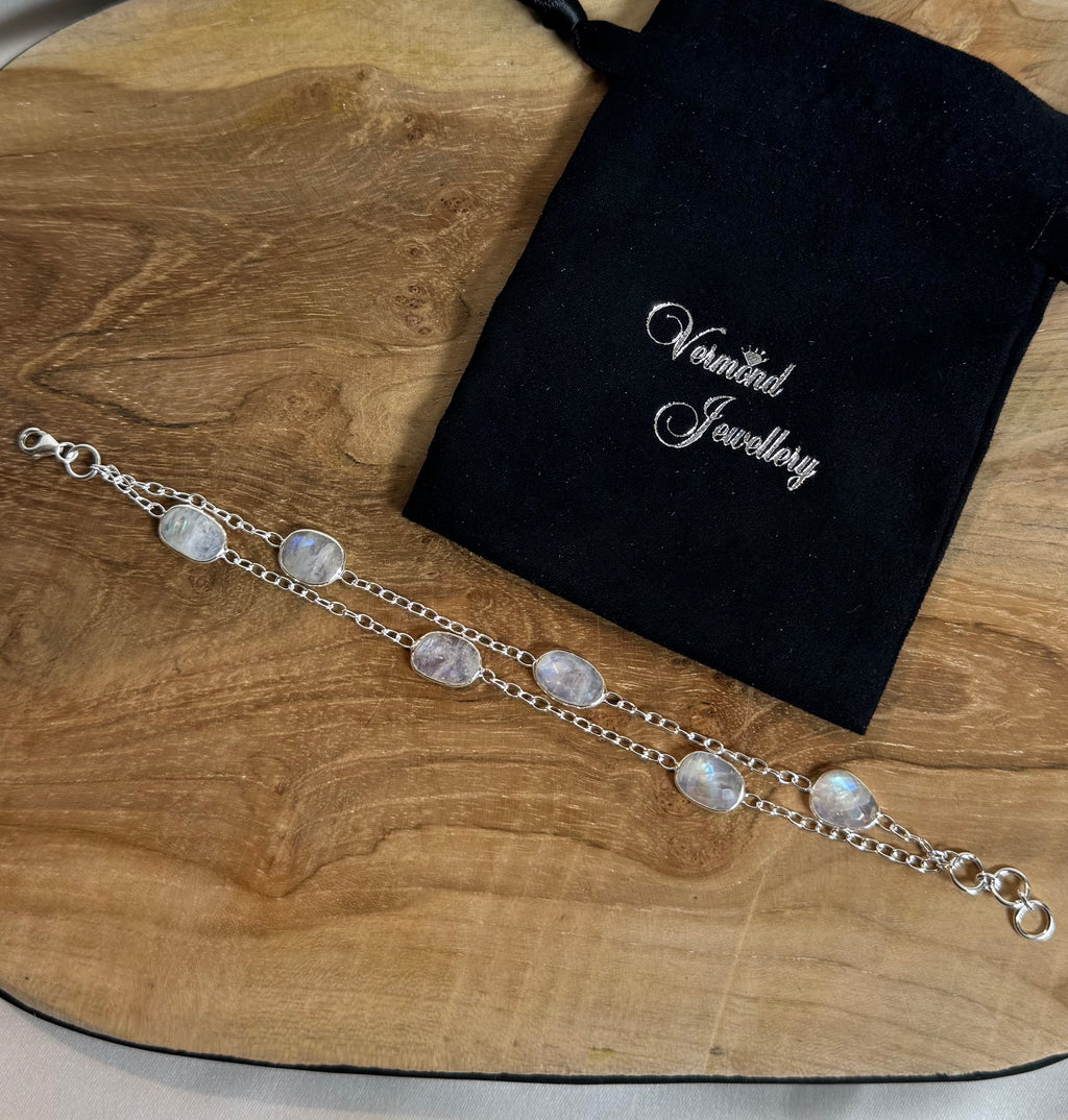 Dubbele Regenboog Maansteen Facet Armband 925 Zilver