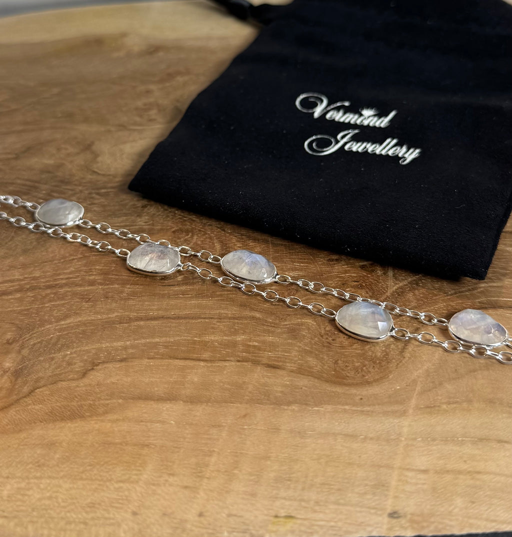 Dubbele Regenboog Maansteen Facet Armband 925 Zilver