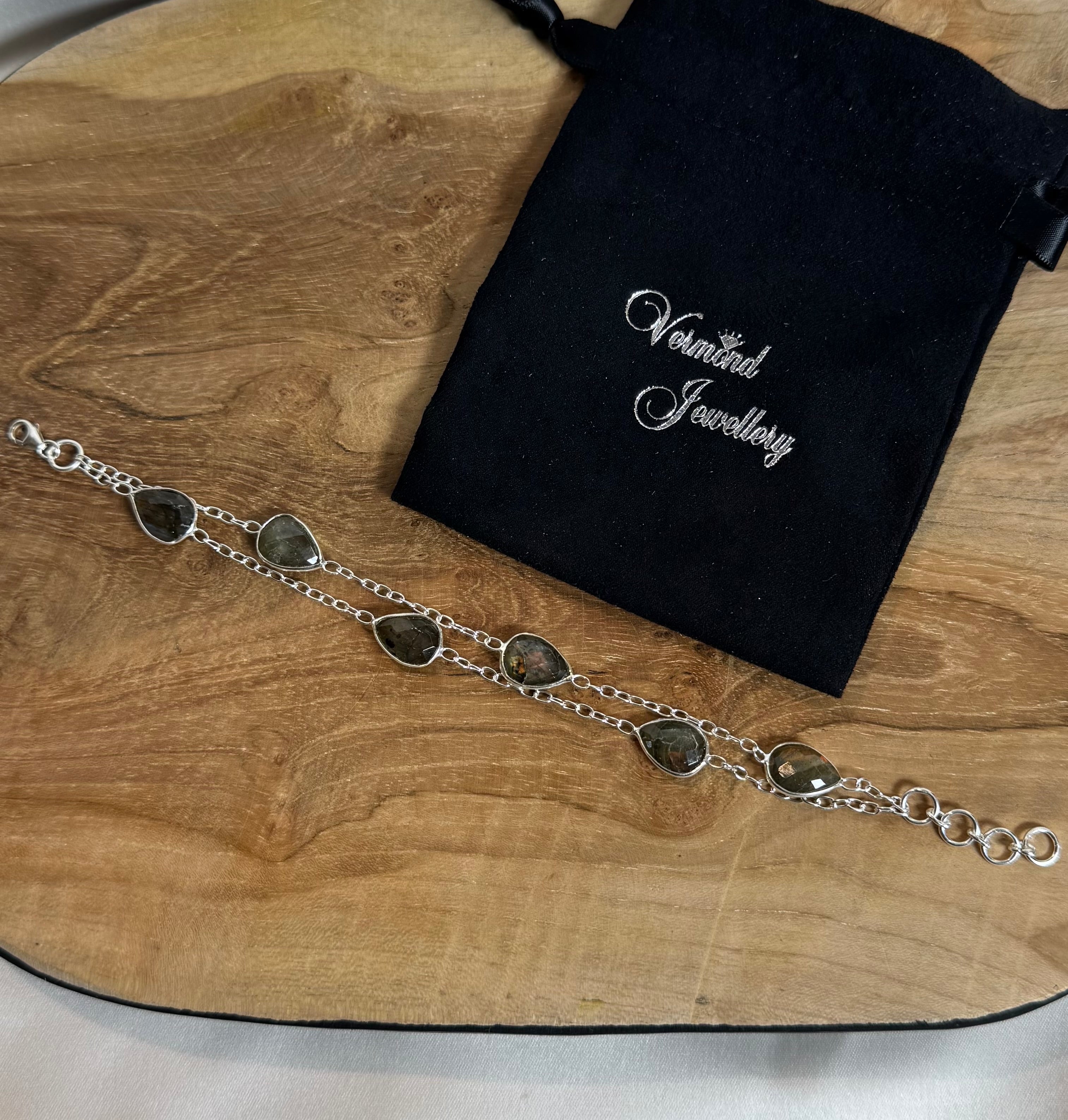 Dubbele Labradoriet Facet Armband 925 Zilver